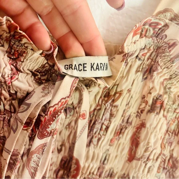 Grace Karin Floral Tiered Maxi Dress in Cream and Brown Size Small - Picture 7 of 15